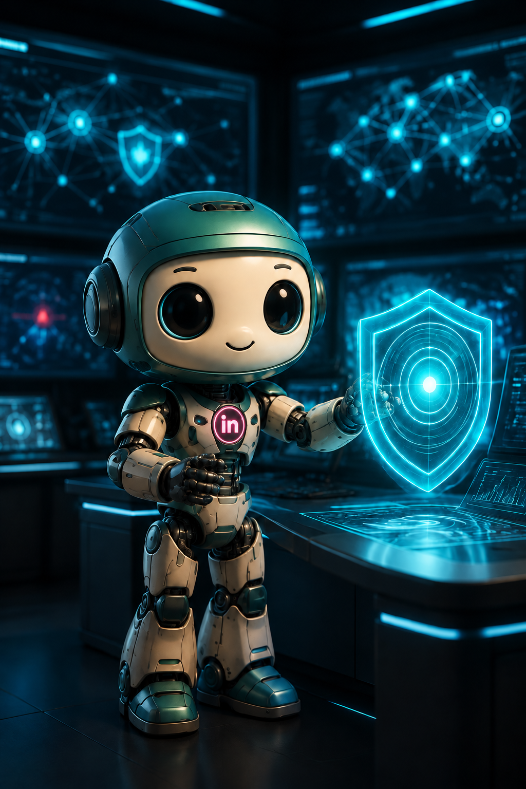 A friendly robot with a glowing magenta Indigen emblem on its chest, holding a cyan cyber shield in a security operations center.