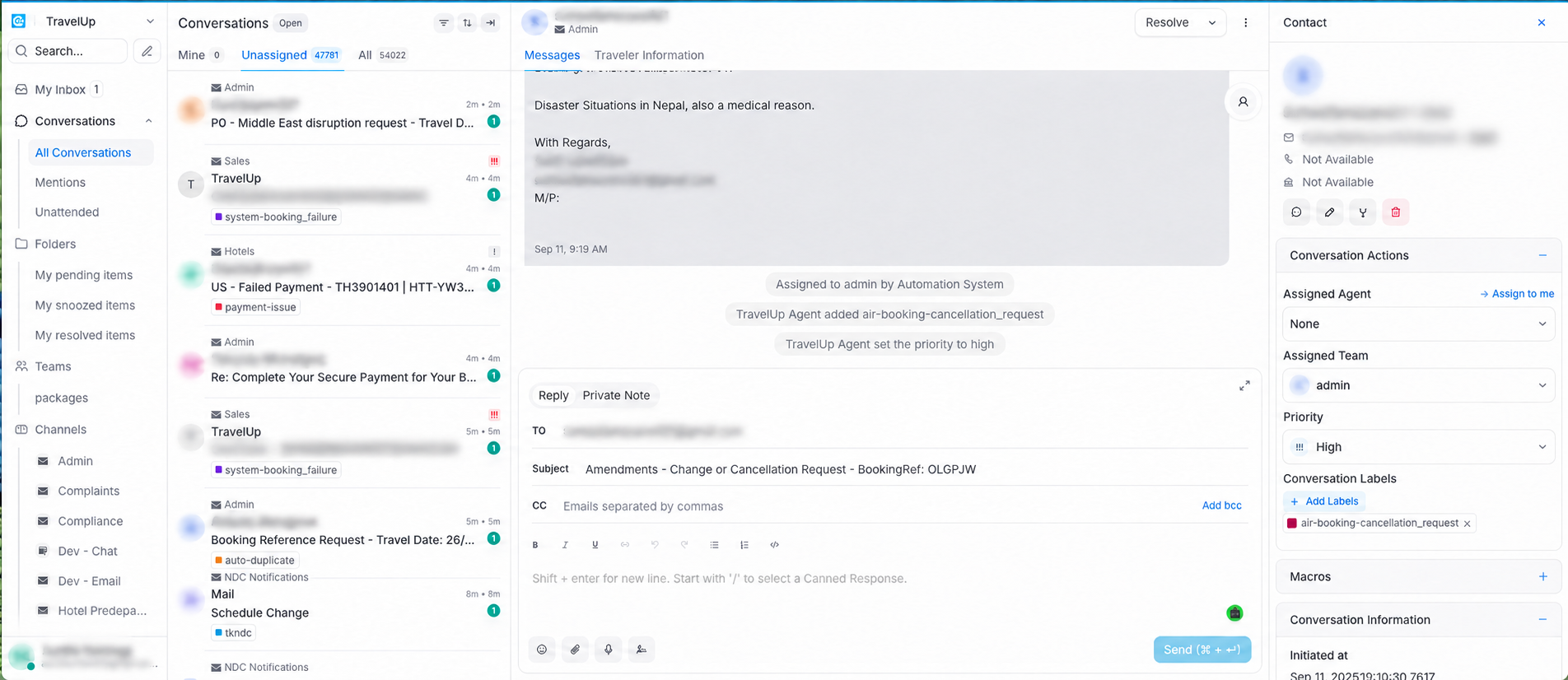 Travelup customer service inbox and reply composer, with personal details blurred